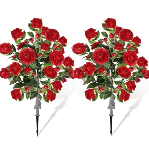 Lunmon 2 Pack 3ft Artificial Camellia Plants Tree 36" Faux Camellia Flower with Spike UV Resistant Realistic Fake Floral Blooming Bush for Indoor Outdoor Front Door Porch Backyard Garden, Burgundy - color: Burgundy, size: 3 ft