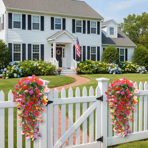 CEWOR 4pcs Artificial Hanging Plants for Outdoor, Fake Flowers Faux Silk Morning Glory with Eucalyptus, UV Resistant Realistic Faux Flower Greenery for Outside Indoor Home Porch Patio Decor - color: Multicolor Morning Glory