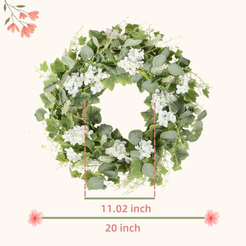 YNYLCHMX 20" Spring Summer Wreaths for Front Door, Artificial Wreath with White Flowers Grapevines Green Eucalyptus Leaves, Green Foliage Wreath for Wall Window Farmhouse Party Holiday Home Decor - color: Grapevines