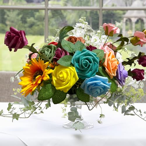 [25 PCS] Multi Pink Roses Artificial Flowers with Long Stem Real Touch Fake Foam Roses for Decoration DIY Wedding Bouquets Centerpieces Bridal Shower Mothers Day Party Flower Arrangements Home Decor - color: Multipink