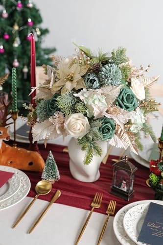rongflower Christmas Artificial Flowers Greenery Combo Box Set Silk Flowers Fake Rose for DIY Christmas Red Theme Decoration Tree Ornaments, Xmas Wreath Floral Arrangements Party - color: Chrismas Green Gold