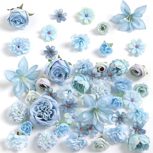 rongflower Fake Flower Heads for Crafts - Blue Silk Artificial Roses, Peonies, Daisies & Mini Floral Heads Bulk (48-Pack) for Wedding Decor, Graduation Cap, Cake Topper, Baby Shower, Home Decoration - color: Blue