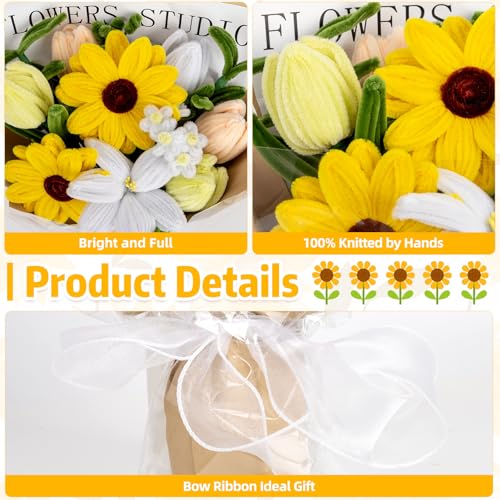 15.7inch Completed Pipe Cleaners Flowers Bouquet, Yellow Handmade Pipe Cleaners Bouquet, 2 Sunflower 1 Lily 6 Tulip 5 Daisy 14 PCS for Valentine’s Day Mother's Day Birthday Anniversary Wedding Decor - color: (Yellow） Tulip Sunflower Lily