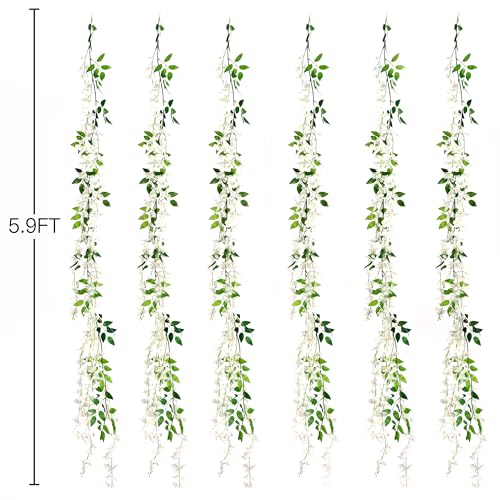 Sggvecsy 6Pcs Wisteria Garland Artificial Flowers Garland Fake Hanging Wisteria Vines Rattan Silk Hanging Flower Vines for Home Garden Outdoor Wedding Arch Party Ceremony Total 35.4Ft (White) - color: White
