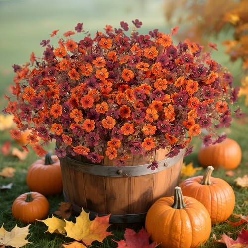 Ammyoo Fall Mums Artificial Flowers for Outdoors Potted, 12 Bundles Fake Fall Daisy Flower with Realistic Eucalyptus Leaves, Fake Plants for Greenery Boxwood Porch Patio Garden Pot Courtyard Lawn - color: Brown Orange-qs