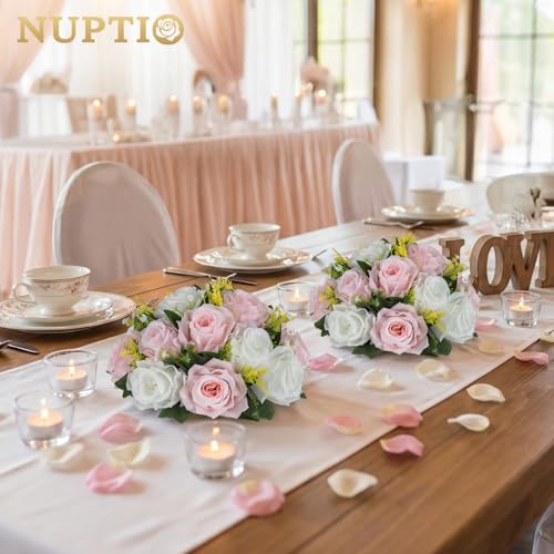 NUPTIO Flower Ball Centerpieces for Tables: Artificial Pink & White Rose Arrangements for Wedding Centerpiece - 2 Pcs Faux Silk Floral Kissing Balls for Home Gender Reveal Party Mother's Day Decor - color: Light Pink & Pure White, size: 2 Pcs