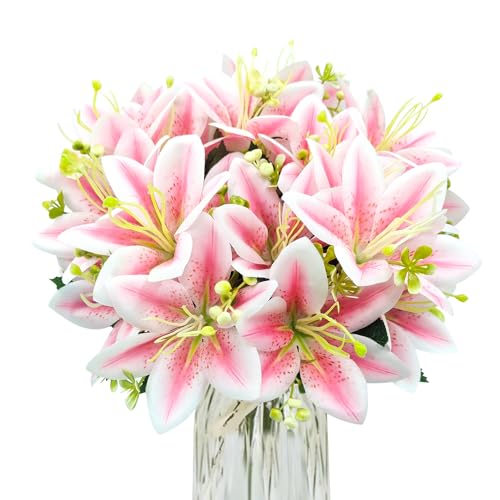 4 Bundles Artificial Tiger Lily Silk Flowers Faux Fake Lilies Plants for Wedding Bouquet Home Party Indoor Table Hotel Office Vases Floral Arrangements Outdoor Garden Decor (Pink) - color: Pink