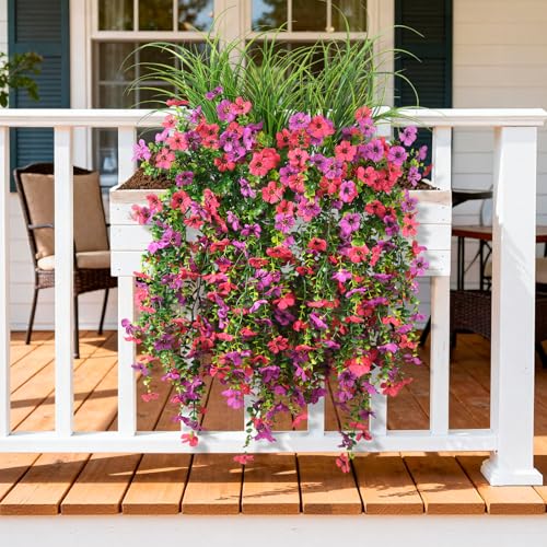 Artificial Hanging Flowers for Outdoors with Wheat Grass, 5 Pcs Fake Hanging Plants for Spring Decor, UV Resistant Faux Silk Flower Greenry for Planter Porch Patio Yard Garden(Purple Hot Pink) - color: Z Purple Hot Pink With Grass