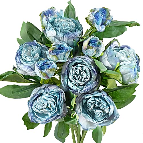 FiveSeasonStuff Vintage Dusty Blue Peonies – Realistic Artificial Silk Flowers with Dry-Look Petals, 6 Stems for Rustic Home & Wedding Bridesmaids Bouquet Bridal Showers - color: Dusty Blue (6 Stems)