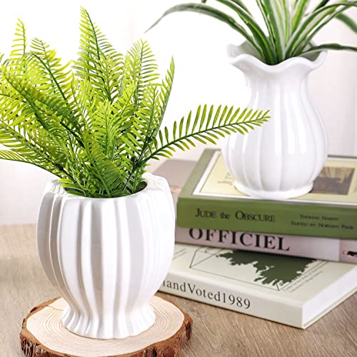 VanEnjoy 6 inch Modern Ribbed Design Small White Ceramic Decorative Tabletop Centerpiece Vase Flower Pot -White Lotus Flower - style: Asian