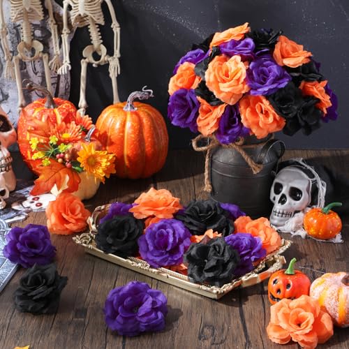 Yunlly 100 Pcs Artificial Flowers Fake Silk Roses Long Stem Rose Bouquet Wedding Party Home Decor for DIY Baby Shower Centerpieces Tables Home Decorations(Black, Orange, Purple) - color: Black, Orange, Purple
