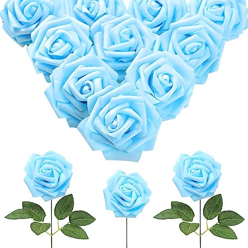 IPOPU 30pcs Baby Blue Roses Foam Flowers Artificial Roses with Stems, Fake Roses with Fake Flowers for DIY Wedding Bouquets Baby Shower Centerpieces Floral Party Home Décor (Light Blue) - color: Light Blue