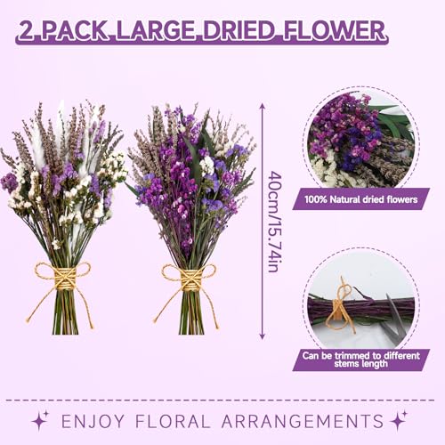 2 Pack Large Dried Flower Bouquets 15.7 inch Lavender Baby Breath Forget Me Not Boho Wedding Decor DIY Home Decorations Preserved Floral Arrangement Gifts Purple, White - color: Purple, White