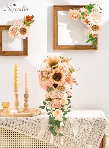 Serwalin 11 Inch Wedding Bouquets for Bride Bridesmaid, Champagne Bridal Bouquets for Bride, Wedding Flowers Bouquet Tossing Bouquet, Wedding Ceremony and Anniversary Day Decor - color: Champagne Sunflower