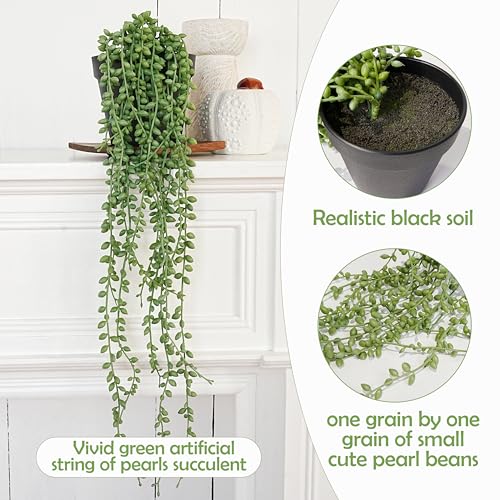 Jahe 2 Pcs String of Pearls Artificial Plants Indoor, Beaded Plant Succulents Plants Artificial, Fake Vines in Black Pots,Trailing Faux Plant for Living Room Bathroom Accessories Farmhouse Wall Decor