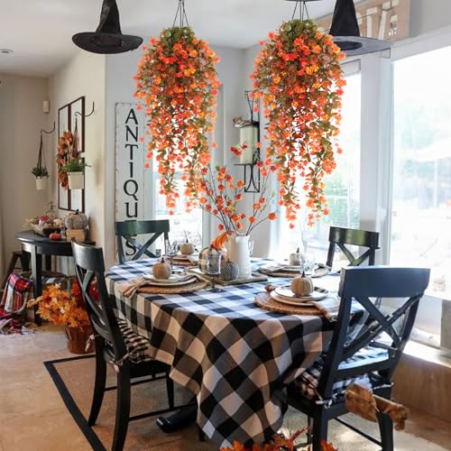RECUTMS 4Pcs Artificial Fall Flowers Fake Eucalyptus Leaves with Flower Plastic Ivy Greenery Leaf Autumn Artificial Hanging Plants for Thanksgiving Home Garden Wall Bedroom Wedding Decor Orange - color: Style3-orange