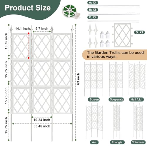 5.25FT Garden Trellis Support Fence,Metal Wall Lattice Climbing Frame for Climbing Plants Outdoor, White Iron Pipe Fence for Potted Plants Indoor for Ivy Vines Vegetable Flower, Patio, Lawn, Yard - color: White