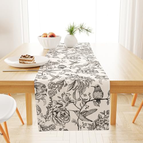 JarThenaAMCS Black Floral Birds Table Runner Vintage Flower Kitchen Dining Table Decoration Table Cover for Indoor Outdoor Home Party Supplies, 13 x 72 Inch