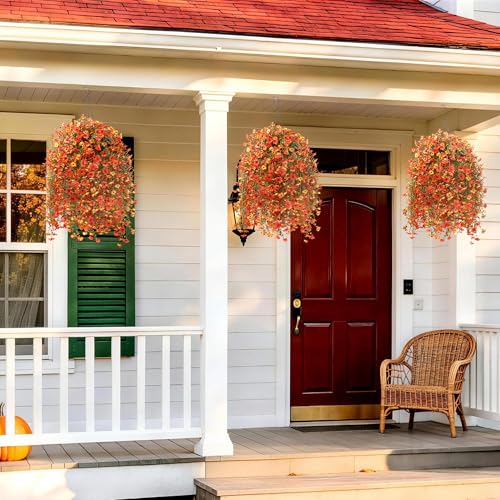 Hommyea Artificial Fall Fake Flowers for Outdoor, 2 Pcs Fake Mums Faux Hanging Flowers Outdoor Fall Decor, UV Resistant Silk Flower for Front Door Porch Planters Patio Yard Garden(Orange Sunset Red) - color: Orange Sunset Red