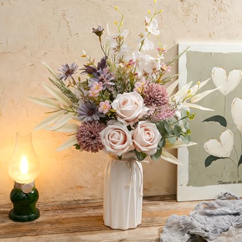 16-inch Artificial Fake Flowers Silk Table Arrangements Faux Plastic Floral Centerpieces for Home Kitchen with Roses, Dandelions, Chrysanthemum, Phalaenopsis, Eucalyptus, Sages, Orchids - color: Champagne
