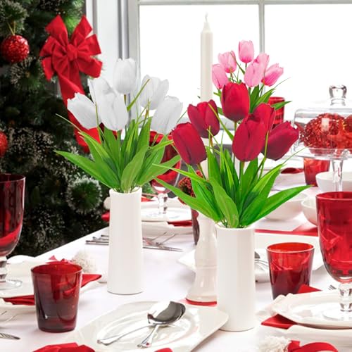 obbsie 6 pcs Tulips Artificial Flowers, Artificial Red White Pink Tulips Flowers Real Touch Silk Flower for Wedding Party Home Table Decor