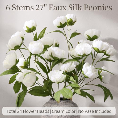 florisso 6 Pcs 27" Faux Silk Artificial Peony Flowers, Fake Peony Branches for Vase DIY Bouquet Centerpieces Wedding Shower Decorations, White - color: White