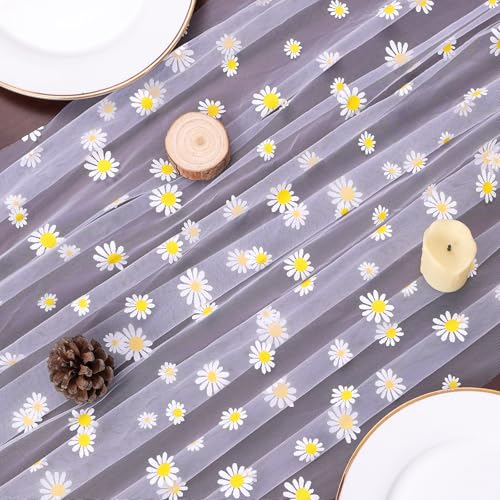 10FT White Daisy Summer Tulle Table Runner 120 Inch Seasonal Flower Sheer Gauze Table Runner Dining Birthday Party Wedding Christmas Holiday Decor for Home Party Decorations - color: White Daisy, size: 10 ft × 1 pc