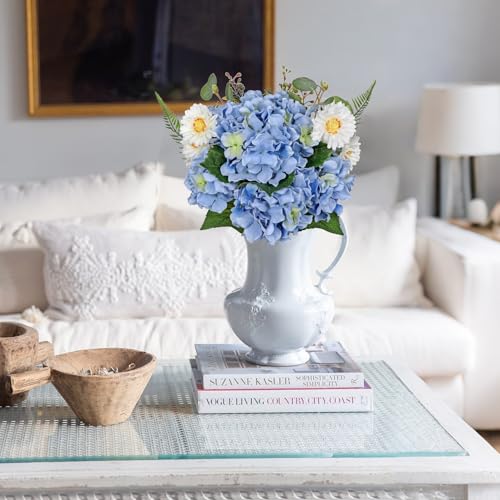 GnFlus Artificial Hydrangea Flower Stems 12PCS Blue Faux Hydrangea & Daisy Silk Flowers Realistic Fake Flowers for Vase Centerpiece Wedding Bridal Bouquet Party Home Decor - color: Hydrangea, Blue, size: 1 Pack