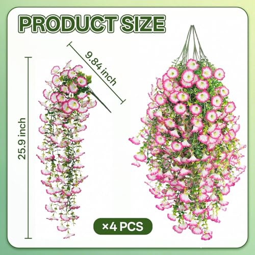 Artificial Hanging Flowers for Outdoors, 4 PCS UV Resistant Morning Glory Flowers with Eucalyptus Leaves, Silk Fake Flower Realistic Faux Plants for Home Patio Porch Garden Decor, White+Pink - color: Pink-white