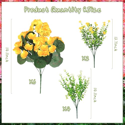 Olatay 12 Bundles Mixed Color Artificial Flowers for Outdoor, Artificial Geraniums Flowers for Outdoor, UV-Resistant Fake Geraniums for Porch, Balcony, Garden, Indoor Decoration (Yellow) - color: Yellow