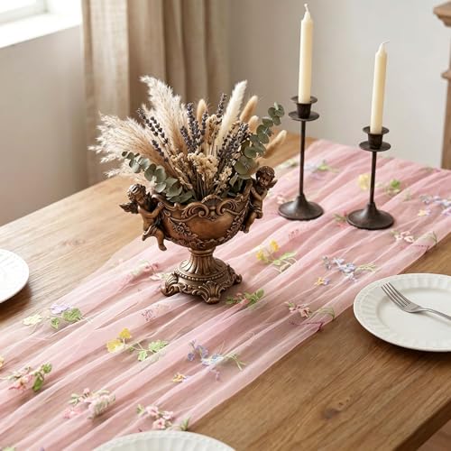 Pink Floral Table Runner 10ft Embroidery Tulle Spring Wildflower Table Runner Seasonal Summer Butterfly Kitchen Dining Gauze Decoration for Baby Shower Wedding Party Birthday (1 Pcs) - color: Pink