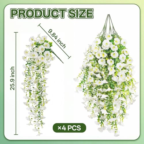 Artificial Hanging Flowers for Outdoors, 4 PCS UV Resistant Morning Glory Flowers with Eucalyptus Leaves, Silk Fake Flower Realistic Faux Plants for Home Patio Porch Garden Decor, White - color: White