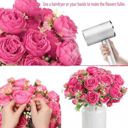 Peonies Artificial Flowers 12 Bundles Pink Flowers Bouquet, Lifelike Silk Fake Peonies with Stems for Home Table Centerpieces, Wedding, Party & DIY Bridal Floral Arrangements (Rose red) - color: Rose Red
