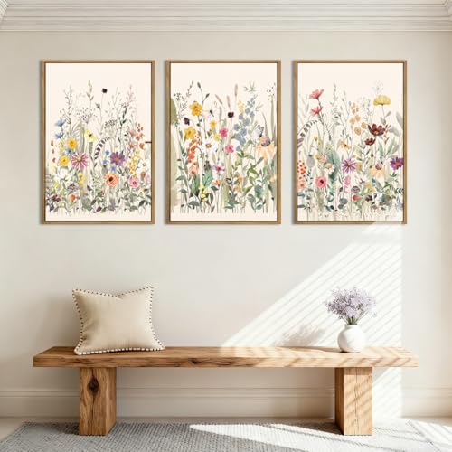 BINCUE Wildflower Wall Art Large Floral Wall Painting Neutral Print Pictures Framed Flower Wall Decor Wildflower Artwork Flowers Pictures Floral Art Prints for Living Room Bedroom Bathroom Farmhouse 24x36 Inches Set of 3 Gift - color: Wildflowers, size: 2