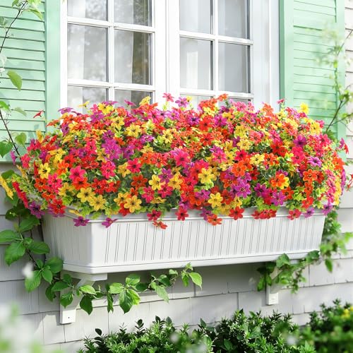 SHareconn 48 Bundles Artificial Flowers for Outdoors Decoration, Faux Plants Fake Silk Colorful Daisy Eucalyptus Lavender, UV Resistant for Outside Home Indoor Spring Decor, 5 Colors incl. Orange - color: Redfuchsiapurpleyelloworange