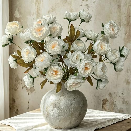 6 Pack 30" Artificial Peonies Flowers for Vase, Fake Silk Peony Long Stem Flowers for DIY Bouquets Wedding Centerpieces Home Decor (White) - color: White