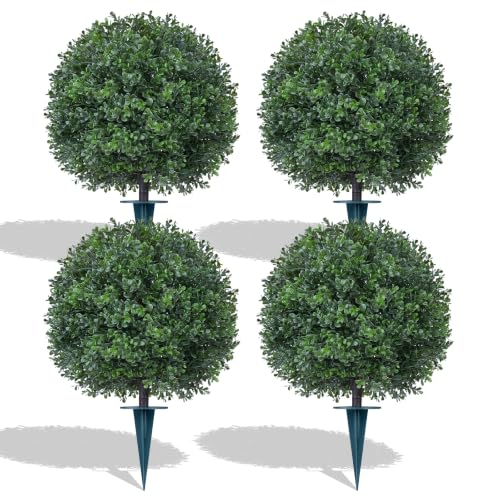 4 Pack Artificial Boxwood Topiary Ball Trees,16'' UV Resistant Fake Evergreen Shrubs Bushes Plants with Ground Spike, Fake Plants for Outdoor Indoor Front Porch Garden - color: 4pcs Boxwood