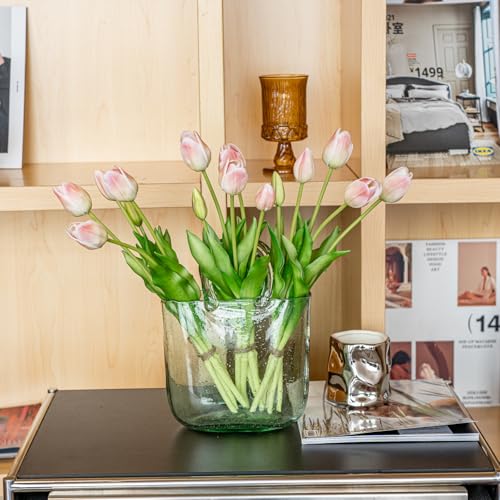 DUYONE 15pcs Artificial Tulips Flowers, Soft Touch Latex Bouquet, Fake Tulips for Office Wedding Party Home Kitchen Garden Decoration - color: 15pcs Powder Pink (No Vase)