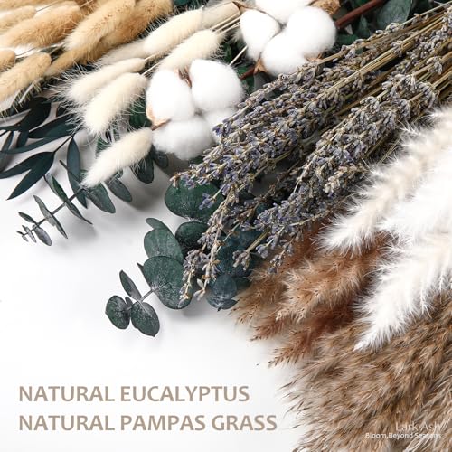 Natural Dried Flower Bouquet – Pampas Grass, Cotton Stems, Bunny Tails Grass, Eucalyptus and Lavender for Western Boho Decor – Rustic Flowers for Your Bohemian Home, Bedroom, and Wedding Table Décor - size: Natural
