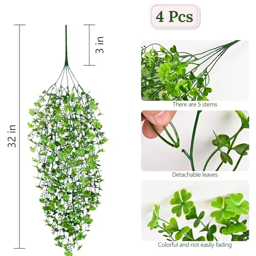 Waipfaru Artificial Hanging Four-leaf clover, 4pcs Fake Hanging Plants, Faux Ivy Pothos Vines Greenery for Wall Home Bedroom Living Room Aesthetic Kitchen Office Aesthetic Kitchen Indoor Outdoor Decor - color: Four Leaf Clover, size: 4Pcs Plants