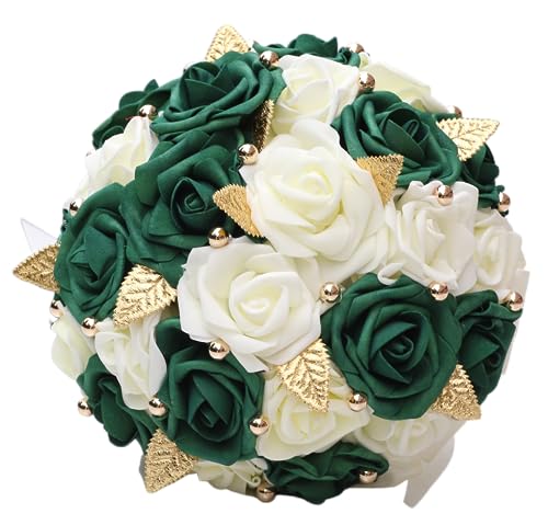 Handmade Wedding Bouquet Artificial PE Rose Bridal Bridesmaid Bouquet with Soft Ribbons Wedding Hand Holding Bouquet Artificial Fake Flowers Toss Bouquet(A-Emerald Green & Ivory, 6.7"/17cm) - color: A-emerald Green & Ivory, size: 6.7"/17cm