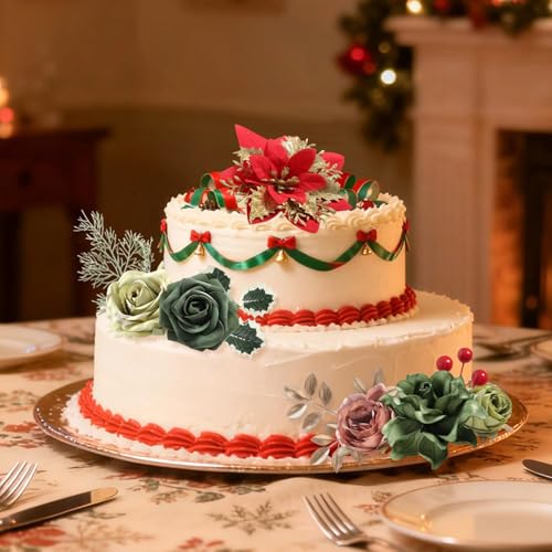 Artificial Christmas Flowers Set with Poinsettia, Fake Roses, Greenery Leaves & Stems for DIY Christmas Decor - Wreath, Tree Ornaments, Wedding Bouquets, Centerpieces, Home Floral Arrangement - color: Christmas Red