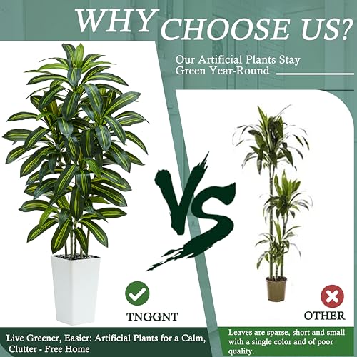 Artificial Dracaena Tree：5FT Faux Silk Tropical Yucca Floor Trees Realistic Fake Green Plant with Natural Wood Trunk & Lifelike Leaves for Home Office Decor Indoor & Outdoor (5FT,1-Pack,White) - color: Dark Green – White Pot, size: 5FT