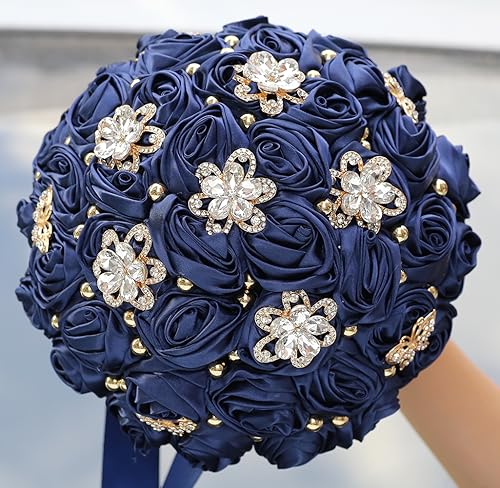 Sharebeauty 9.4" Handmade Satin Rose Bridal Bouquet Toss Round Wedding Bouquet Throw Toss Artificial Flower Bunch Navy Blue - color: 809a Navy Blue, size: 9.4"/24cm