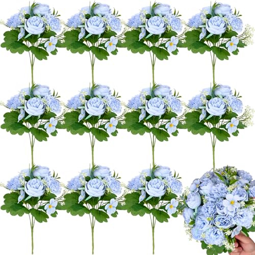 Olgaa 12 Bundles Peonies Artificial Flowers Fake Hydrangea Silk Peony Bouquet Bulk for Vase Floral Arrangements Wedding Arch Decor Centerpiece Table Decorations (Blue) - color: Blue