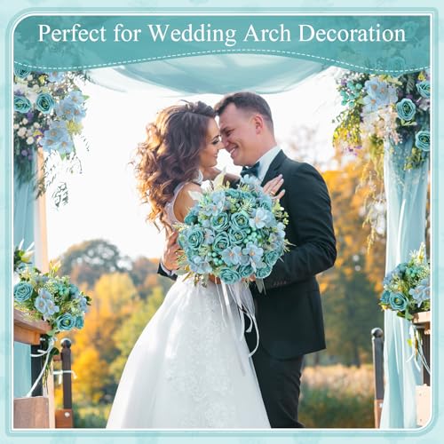 Yungyan 8 Pcs Wedding Artificial Rose Flowers Fake Roses Silk Hydrangea Berry Bouquet 12 Inch Faux Flowers for Bridal Wedding Party Floral Home Decoration Table Centerpieces(Teal Blue)