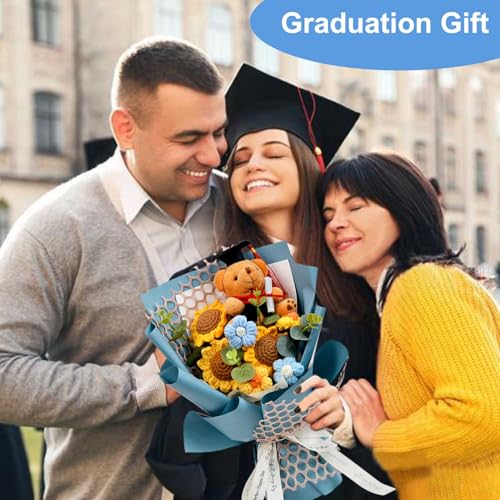 Graduation Gifts Crochet Flowers Bouquet, Handmade Sunflower Rose Bear Graduations Flower Bouquet for Birthday, Teacher Appreciation Gifts, Christmas, Home Décor (Include Card) Blue - color: Blue