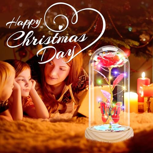 Otlonpe Preserved Artificial Rose Flower Lamp, Forever Women Gifts for Birthday Christmas Valentines Mothers Day, 7.7'' Glass Rose Wood Base Butterfly, Gifts for Mom Grandma Daughter Wife Girlfriend - color: Wood Red