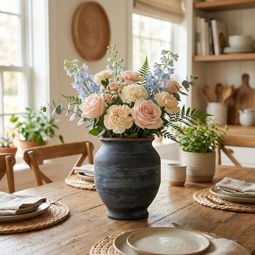 Rustic Ceramic Flower Vase,8 Inch Indigo Artisan Handcrafted Wide Ceramic Vase Farmhouse Rustic Vase Wide vases for Decor Living Room Home Decor - size: 8Inch
