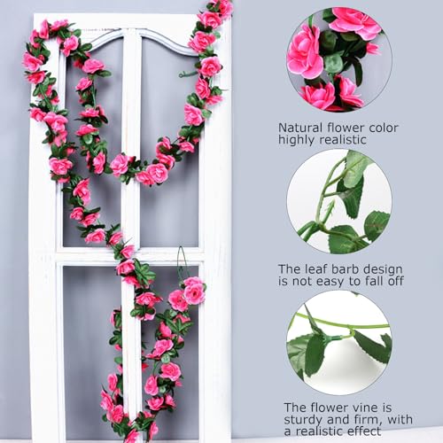 4Pcs Artificial Rose Vines Fake Flowers Garland with Green Leaves Faux Hanging Floral Plants for Home Bedroom Room Decor Aesthetic,Christmas Wedding Birthday Party Decoration (Magenta) - color: Magenta, size: 4Pcs-small rose
